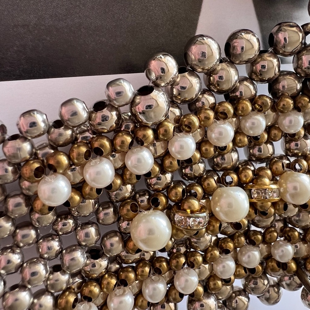 Silver and Gold Beaded Bib Necklace with Textured Pendants - Picture 6 of 10